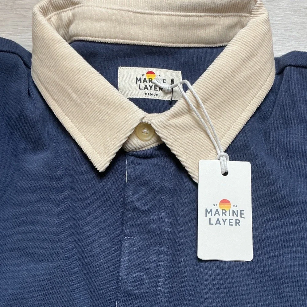 Marine Layer Sueded Rugby Polo Navy Green Stripe Medium‎ New With Tags
